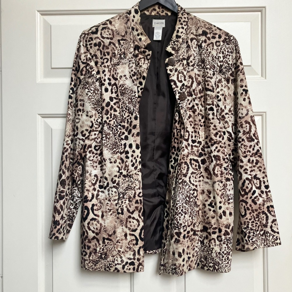 Chicos Womens Brown Leopard Print Blazer Jacket Size 3 XL Mob Wife Chic Glam